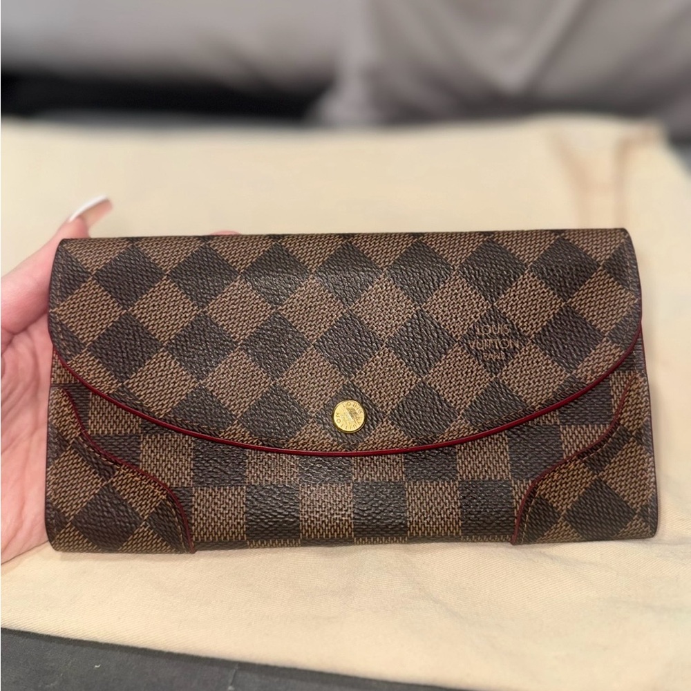 Louis Vuitton Brown Checkered Wallet with Red Trim
